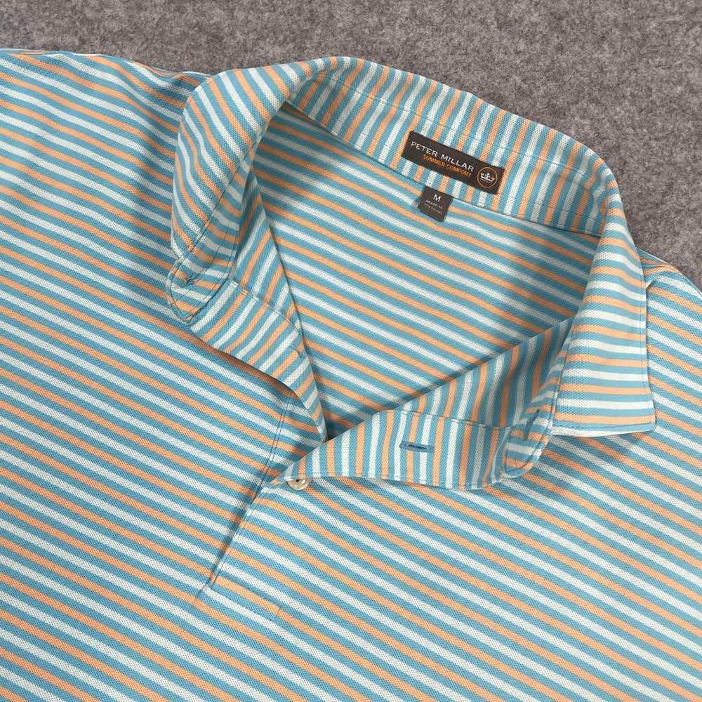 Peter Millar Mens Polo Shirt Size M Blue Orange Striped Summer Comfort Stretch
